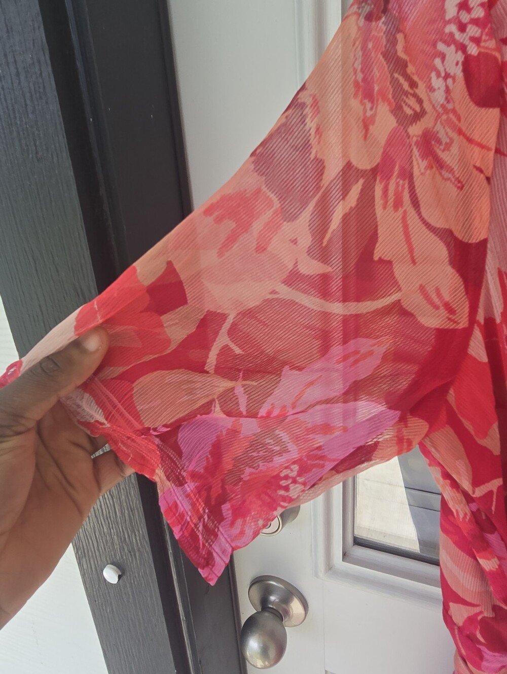 Tahari ASL Floral Wrap Dress Size 14 Pink Red Chiffon Belted Ruffle Wedding Gues - Picture 9 of 10